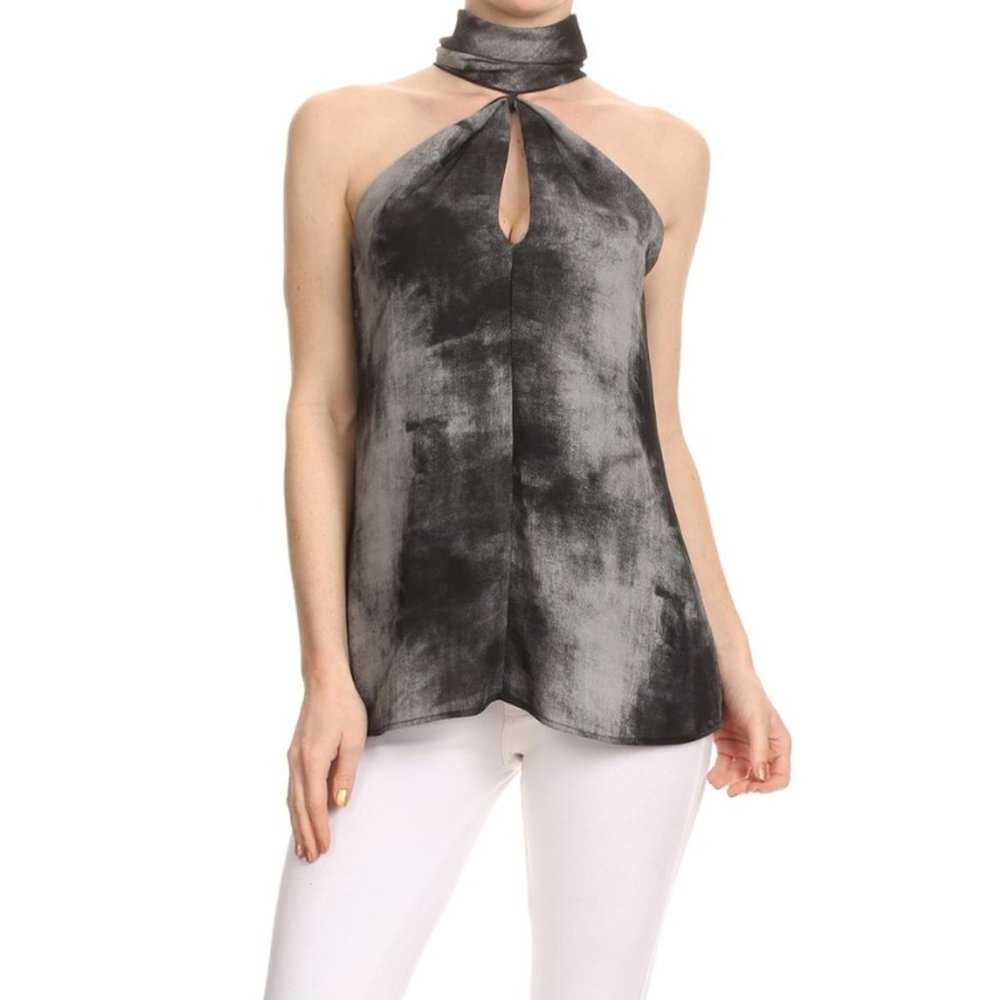 Ariella High NeckTie Dye Keyhole Top, Charcoal